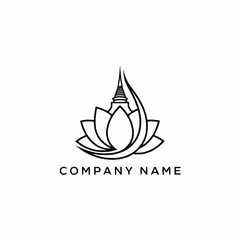 Minimalist black and white line art logo featuring a lotus flower with a temple spire and flowing element, representing a company name.