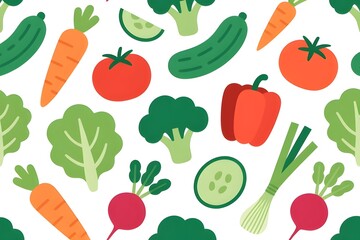 Fototapeta premium Seamless Flat Vector Vegetables Pattern Organic Healthy Food on White Background