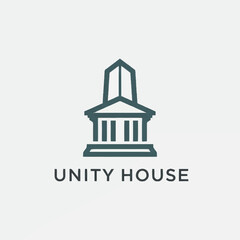 Minimalist logo for Unity House featuring a stylized building with columns and a spire, representing unity and stability.