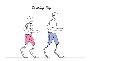 Minimalist line art illustration of two active individuals with prosthetic legs using crutches, dressed in casual sportswear. Ideal for adaptive sports campaigns, disability awareness visuals.