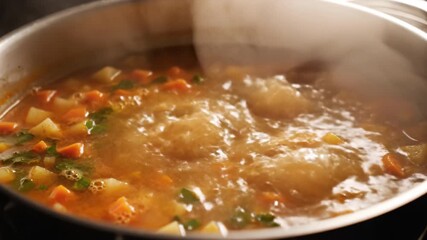 Boiling vegetable soup with diced carrots, potatoes, and herbs in pot, steam rising while cooking creates warm, hearty, and comforting meal perfect for kitchen atmosphere and cozy dining experience