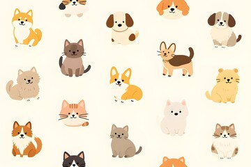 Fototapeta premium Cute cat and dog seamless pattern with kawaii pet animal illustrations