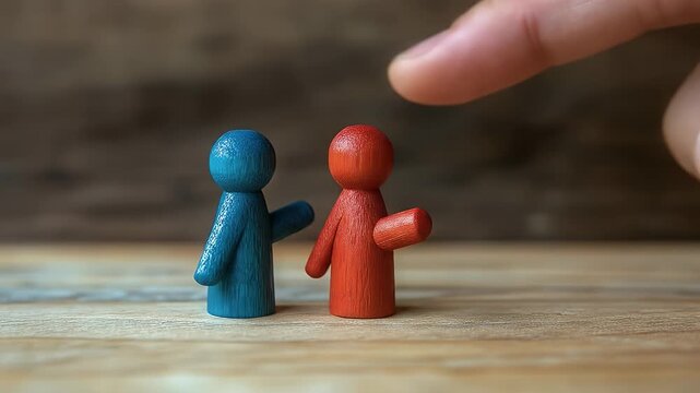 Two small, colored figurines on a wooden surface, with a finger in the background