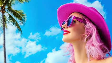 Pink hair summer hat sunglasses under blue sky by palm tree on vacation, sunny woman fashion beauty radiant vibe cheerful mood tropical - Powered by Adobe