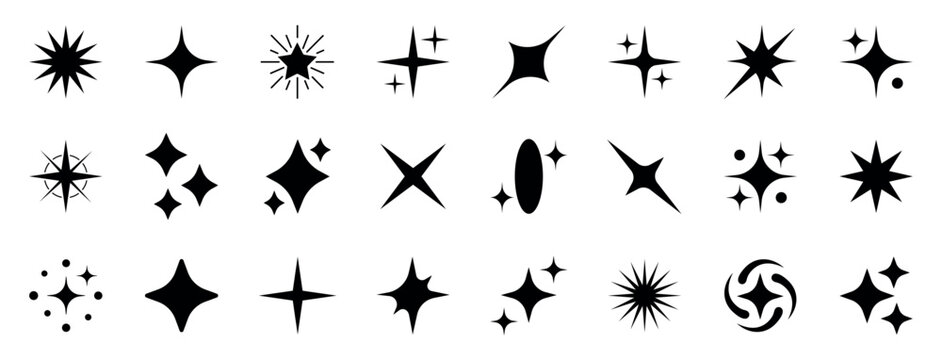 Sparkle icons set. Shining star symbols and twinkle shapes in simple solid style. Clean minimal glow and sparkle collection for decorative elements, highlights and magical light effects - stock vector