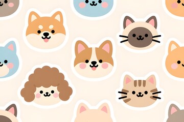 Cute Dog and Cat Head Faces Seamless Pattern, Adorable Cartoon Vector Illustration Background