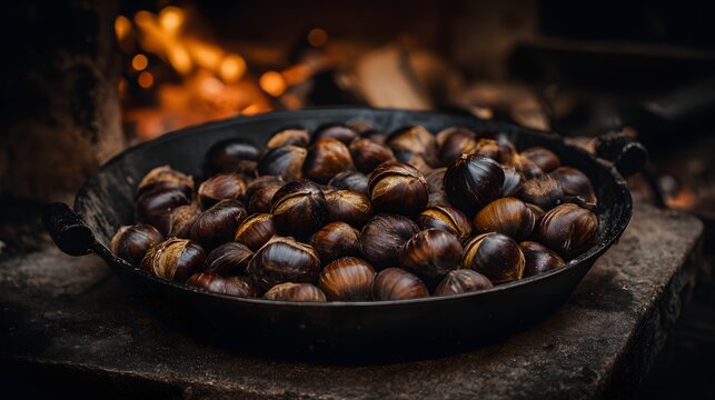 Roasted chestnuts fill a dark metal pan set upon a rough surface near a warm fire