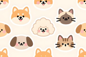 Fototapeta premium Cute Dog and Cat Head Faces Seamless Pattern, Adorable Cartoon Vector Illustration Background