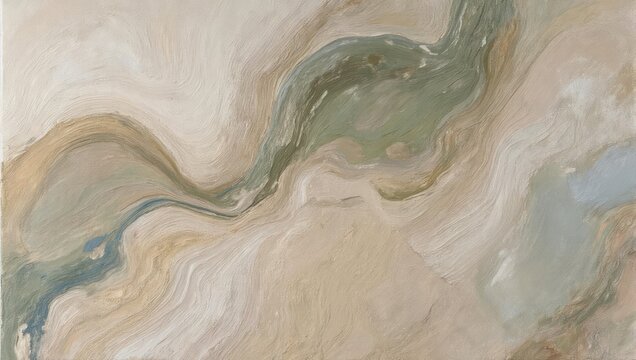 Abstract painting with swirled, flowing colors of beige, green, and blue creating a marbled effect