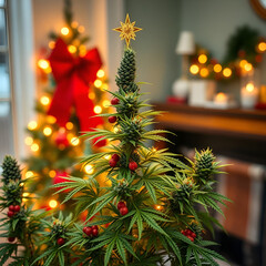 Potted plant shaped like cannabis marijuana plant afront bow wrapped Christmas tree background