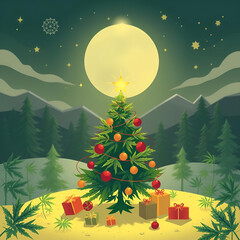 Anime like image of marijuana cannabis Christmas tree under the night sky of a full moon