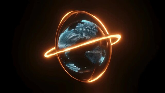 A glowing neon digital Earth globe rotates with holographic lines and vibrant futuristic light effects.