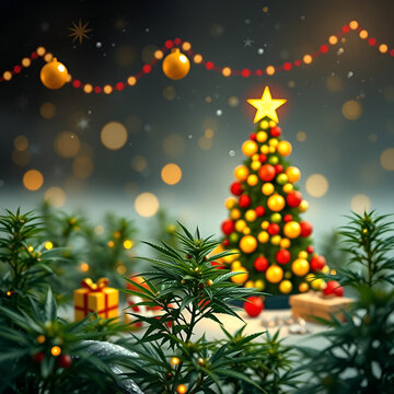 Decorated Christmas tree with marijuana cannabis plants growing around it through the snow
