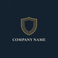 A sophisticated golden shield logo with concentric lines on a dark blue background, featuring 