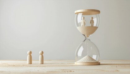aging population and time passing, with wooden figurines inside an hourglass. Perfect for illustrating senior care, demographics, and generational change.