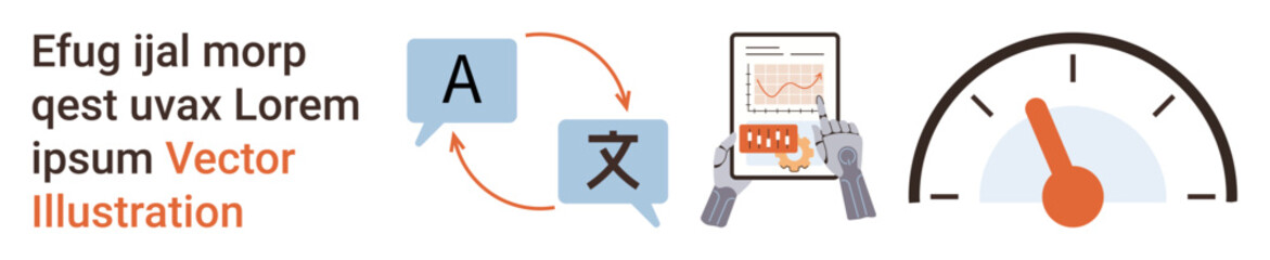 Translation tools, AI technology, digital accessibility, innovation, language services, performance. Language icons, text digital tablet and speedometer. Translation and AI technology concept