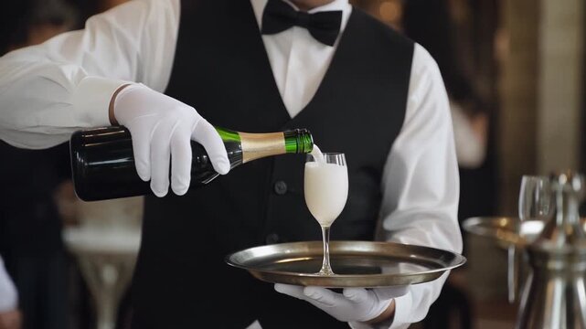 The Waiter's Service. Happy New Year. A discreet medium shot of a formally dressed waiter pouring champagne into a flute on a silver tray. The focus is on the steady stream of liquid.
