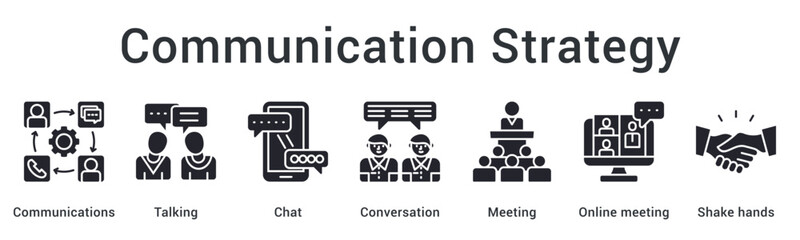 Communication strategy integrating talking and chat through meetings leading to agreements and partnerships. icon sheet multiple style collection