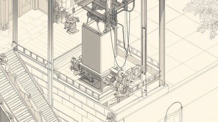 Obraz premium Isometric architectural illustration of a building with machinery and staircases