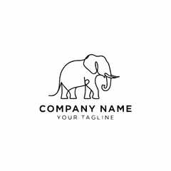 A minimalist continuous line art drawing of an elephant logo design template with placeholder text.