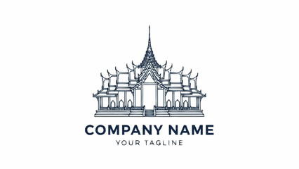 Fototapeta premium A detailed line art illustration of a traditional Thai temple or palace with intricate tiered roofs and a central spire, suitable for a company logo.