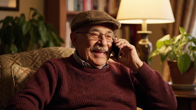 Elderly Man Wearing A Flat Cap Talking On His Cell Phone While Sitting On A Comfortable Armchair