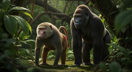 Two magnificent primates, a baboon and a gorilla, stand amidst lush tropical foliage, bathed in dappled sunlight.