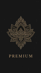 Elegant golden lotus flower emblem with intricate details and the word PREMIUM on a dark background, symbolizing luxury and spirituality.