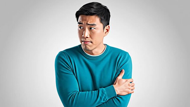Asian Man's Emotional Expressions Sequence: Anxiety, Concern, And Surprise Against Gray Background