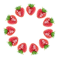 A round frame of red strawberries. A juicy summer berry wreath. Hand drawn watercolor illustration. Copy space template for design cosmetics, fruit snacks, marmalade, candies, chewing gum, menu