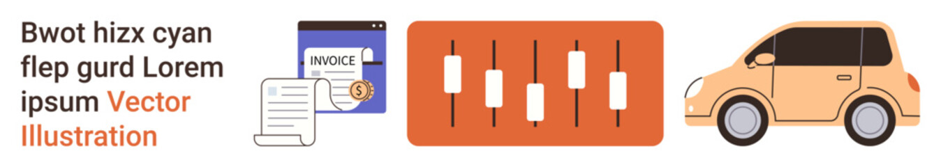 Budget management, audio systems, transportation, finance, technology, business tools. ion of an invoice and receipt, audio control levels and a car. Budget management and transportation concept