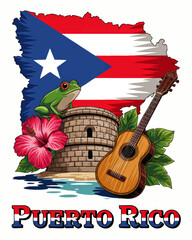 Puerto Rico travel illustration with flag map, El Morro fort, coqui frog, tropical hibiscus flower and guitar, Caribbean tourism art