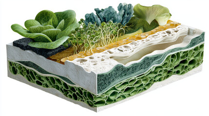 Cross section of plant showing layers of chlorophyll rich tissue, vibrant green leaves, and intricate cellular structures