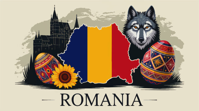 Romania national symbols illustration with flag map, Carpathian wolf, Bran castle, painted Easter eggs, sunflower, Romanian heritage art