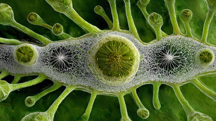 Microscopic view of chlorophyll structure with intricate patterns and vibrant green hues, showcasing nature complexity