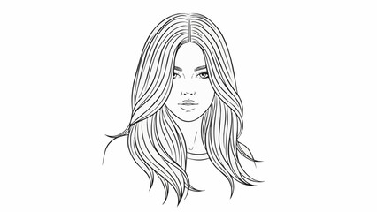 Elegant Woman with Flowing Hair - A Detailed Line Art Portrait.