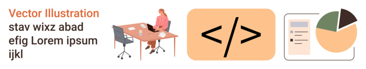 Business presentations, coding, workplace setup, data analysis, tech training, productivity. Person at desk with laptop, coding symbol and charts. Workplace setup and coding concept