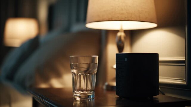 Lamp and glass on table in warm light