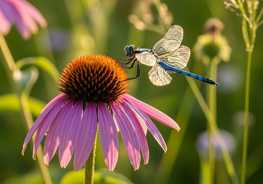 Blue Dragonfly on Purple Coneflower - Powered by Adobe