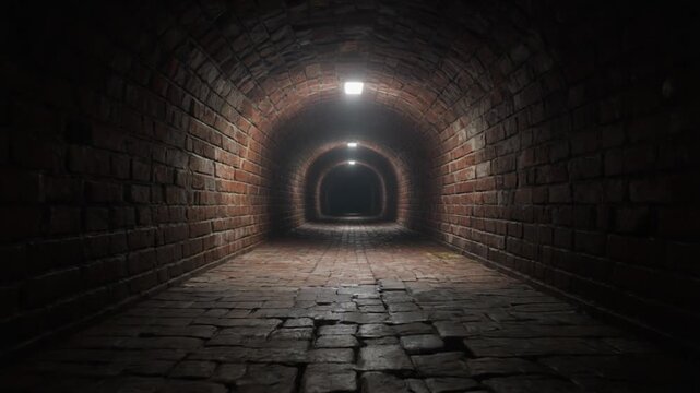 Long, enigmatic brick tunnel illuminated by distant lights, creating a deep perspective and a path into the unknown, evoking mystery and solitude