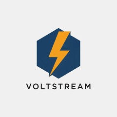 Voltstream logo featuring a yellow lightning bolt inside a dark blue hexagon on a light gray background.