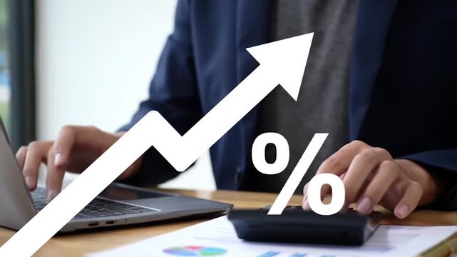 Business Growth Analysis with Calculator. Financial Data and Percentage Increase. Professional Planning with Charts and Graphs.