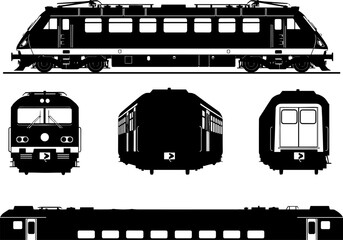 Detailed vector silhouette set of an electric train locomotive and a carriage, showing multiple technical views: side profile, front, and rear perspective, ideal for transport design. © Goutom