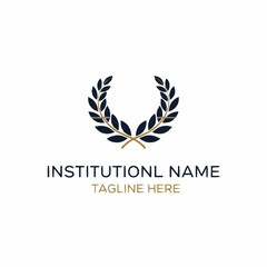 Elegant laurel wreath logo design in dark blue and gold, featuring text placeholders for institutional name and tagline, on a clean white background.