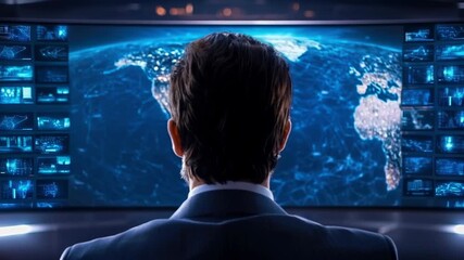 Global strategy control room data network world map business leader surveillance technology cyber intelligence monitoring with global map control - Powered by Adobe