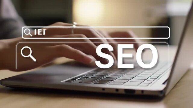 SEO Search Bar Overlay on Laptop Keyboard. Digital Marketing and Search Optimization. Professional Analyzing Online Visibility.