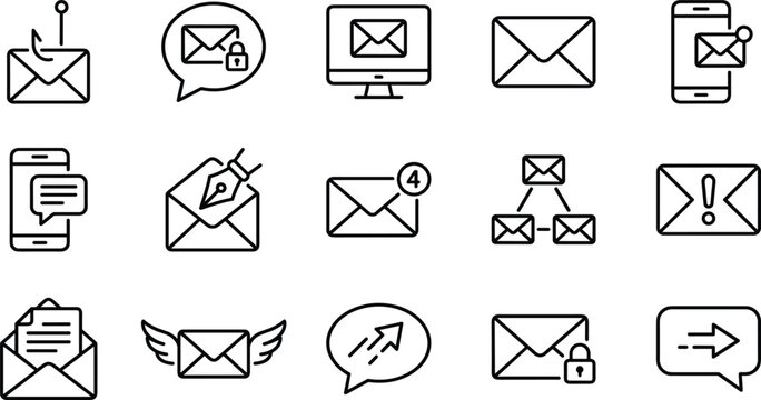 Email Communication Messaging Icons Set Digital Correspondence Spam Security Phishing Mail Envelope Inbox Send Receive Mobile Laptop Outline Vector