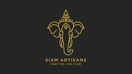 Elegant golden line art illustration of an elephant head with traditional Thai or Indian crown, representing Siam Artisans and crafted heritage on a dark background.