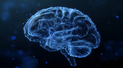 Digital representation of human cerebrum structure glows with blue connectivity against a dark background