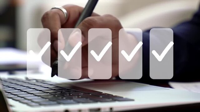 Digital Checklist Completion with Stylus Pen. Virtual Task Verification on Laptop Keyboard. Modern Tech-Savvy Productivity Interface.